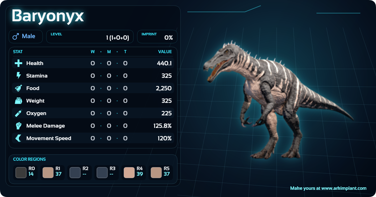 Baryonyx Color Build + Stats - Ark Implant