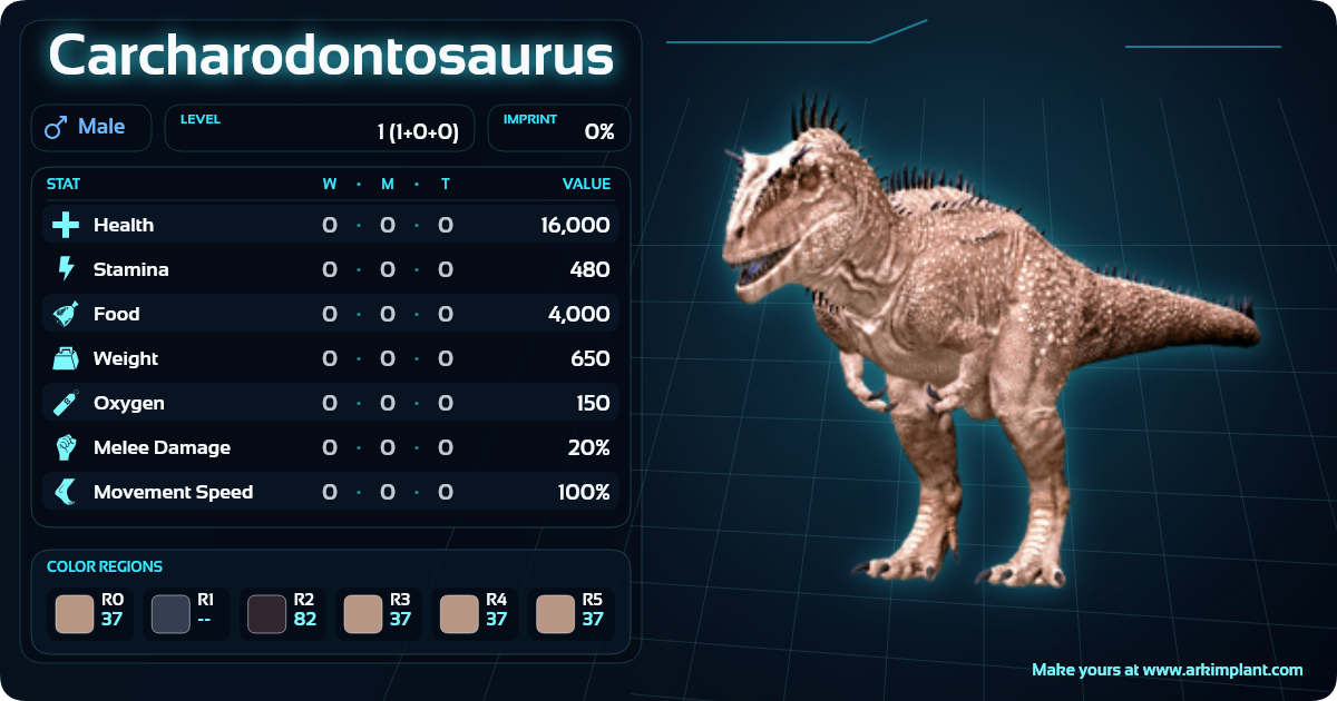 Carcharodontosaurus Color Build + Stats - Ark Implant